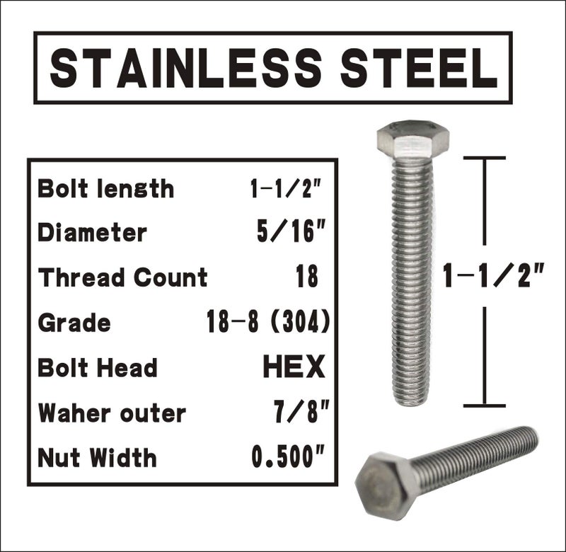 Fullerkreg (10 Sets) 5/16-18x1-1/2" Stainless Steel Hex Head Screwsbolts and nuts kit, 5/16 Nuts, 5/16 Fender Flat Washer& 5/16 Spring Lock Washers, 18-8 (304) S/S, Fully Threaded by Fullerkreg - Image 2